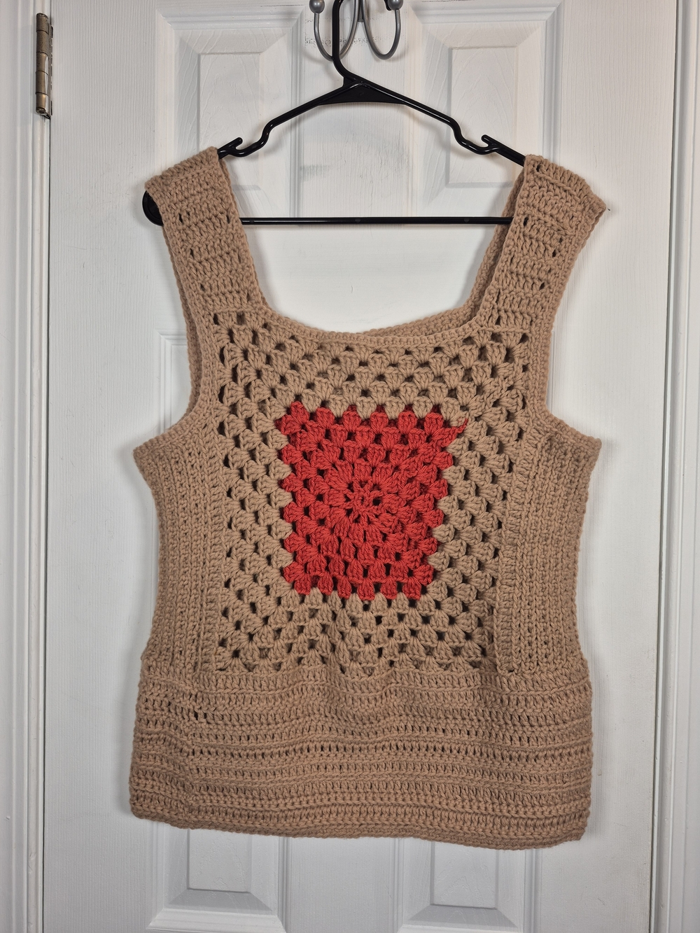 Handmade Crochet Granny Square Tank Top Neutral Tan Red Boho Fall Layering